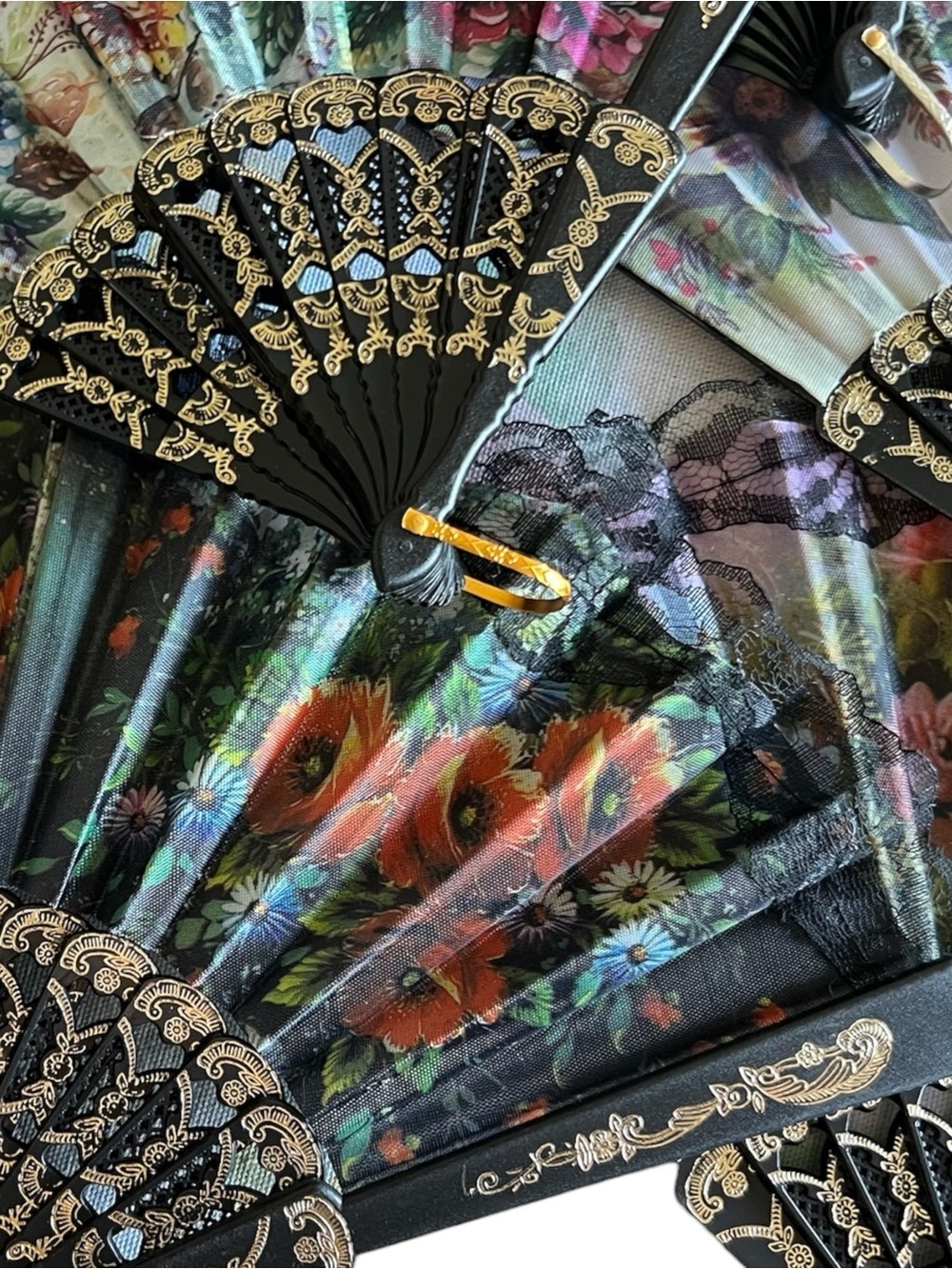 10 Lace Hand Fan with Multicolor Floral Fabric - Picture 8 of 12